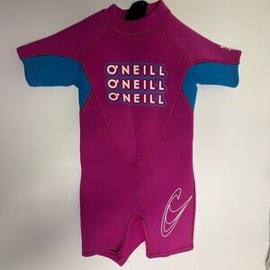 O’Neil Toddler Size 1 Wetsuit Back Zip Berry Pink Shorts Short Sleeves 50+ UPF